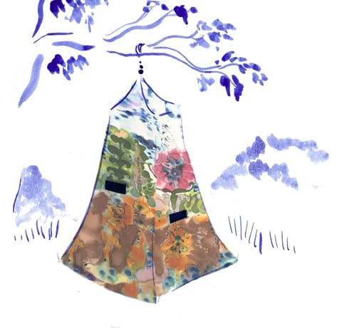Croquis aquarellé de la tente vue de dos, ses motifs de fleurs et de jardins, sous une branche
