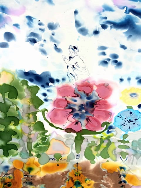 Motif peint aux encres : grande fleur rose, statue dessinée et massifs colorés