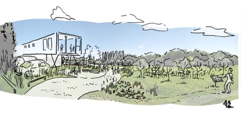 Croquis aquarellé d’une prairie traversée d’un sentier, avec bancs et arbres