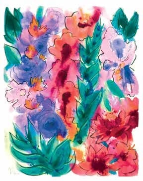 Watercolour of blue and purple flower spikes among turquoise foliage