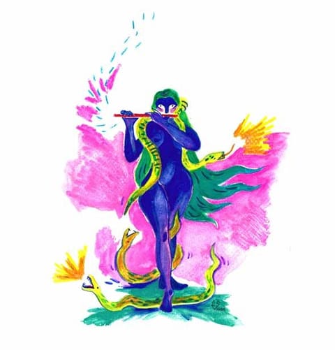 Ink illustration: a musician plays the flute among pink and green flowers