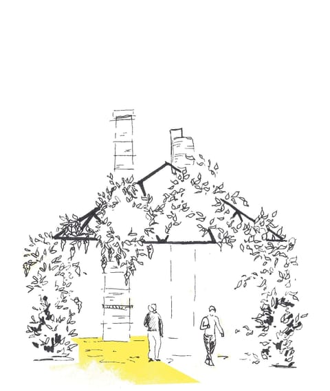 Croquis à l’encre d’un bâtiment de l’usine envahi par la végétation, un sol jaune et deux promeneurs