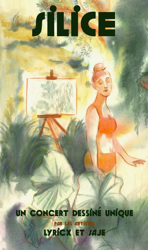 Silice poster: a singer painted among lush vegetation, “a unique drawn concert”