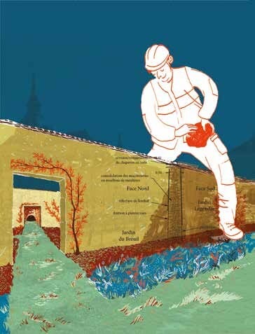 Illustration : un ouvrier en tenue de chantier, dessiné au trait, devant un mur du potager