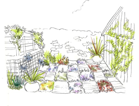 Planche de plantation : massifs de vivaces dessinés et annotés
