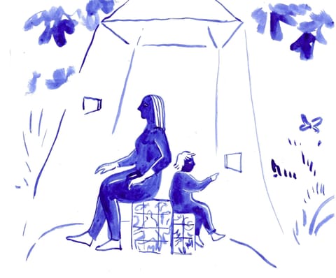 Croquis à l’encre bleue : un adulte et un enfant assis sous la tente regardent par les ouvertures