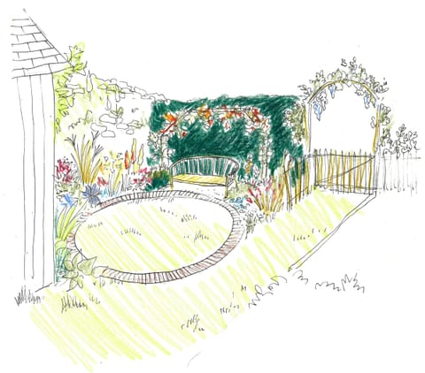 Croquis aquarellé : jardin vu depuis une terrasse dallée