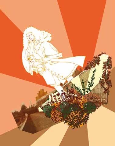 Illustration : un personnage en costume d’époque au-dessus de massifs fleuris, sur fond de rayons orangés