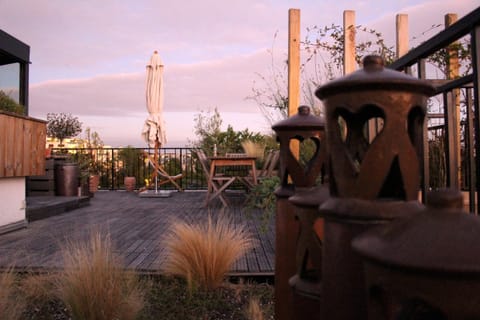 Poteries et graminées sur la terrasse au crépuscule