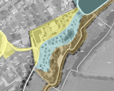 Plan du projet par phases, zones colorées en jaune, bleu et brun