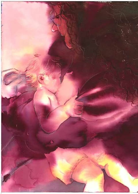 Ink in purple and gold tones: a mother holds her child close