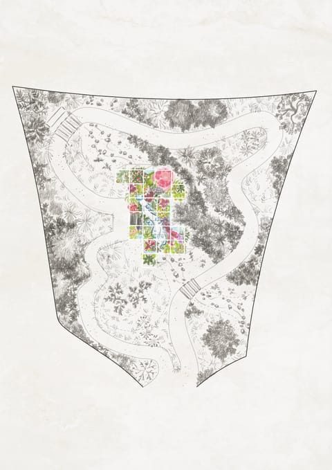 Plan masse dessiné du jardin : allées sinueuses autour d’un îlot central coloré