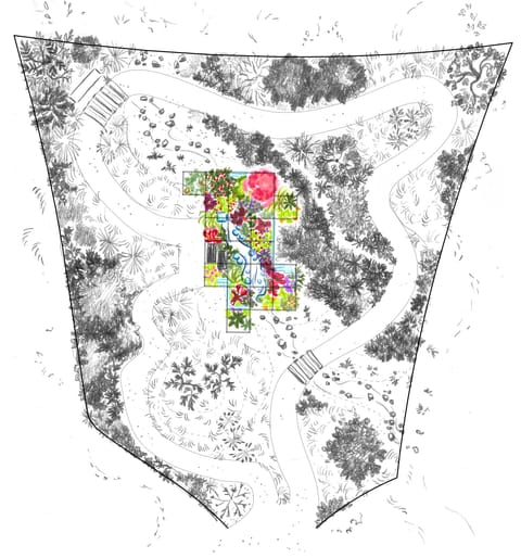 Plan du jardin en couleur, en forme de bouclier, avec l’îlot au centre