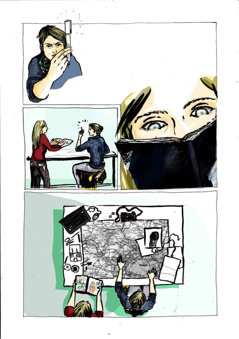 Planche de bande dessinée : une femme pensive, un échange au bureau, un plan sur une table