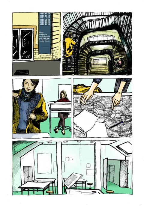 Planche de bande dessinée : cases montrant des personnages autour d’une table de travail et un plan