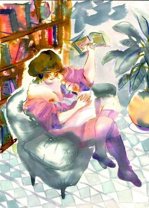 Coloured ink: a woman reading in an armchair in front of bookshelves
