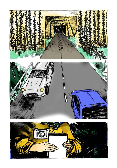Planche de bande dessinée : une route bordée d’arbres, des voitures, un appareil photo