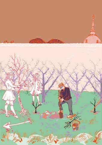 Illustration : des personnages d’autrefois et un jardinier d’aujourd’hui plantent entre des arbres fruitiers