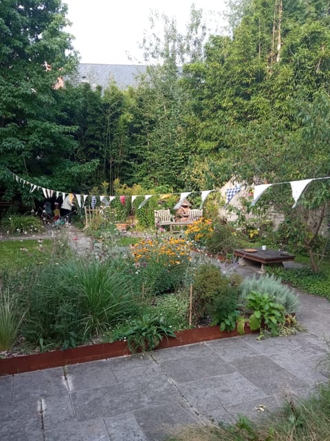 Vue d’ensemble du jardin : allée, pelouse et massifs bordés d’acier