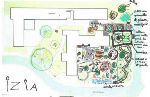 Child’s felt-tip drawing: plan of a dream playground, signed Izia