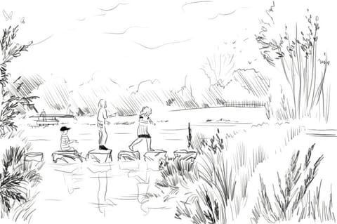 Croquis au crayon : des promeneurs sautent de pierre en pierre dans une zone humide plantée de roseaux