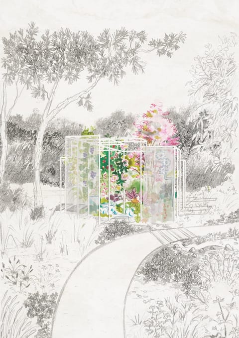 Perspective dessinée à la mine graphite : une allée mène à une structure colorée remplie de plantes