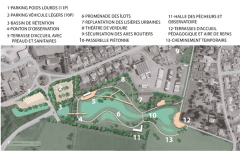 Plan d’aménagement accompagné de sa légende : parkings, bassin de rétention, ponton, terrasses, promenade des îlots, théâtre de verdure, passerelle, halle des pêcheurs