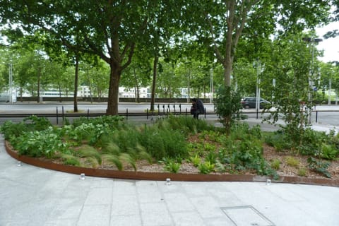Massif bordé d’acier corten sous les arbres de l’esplanade