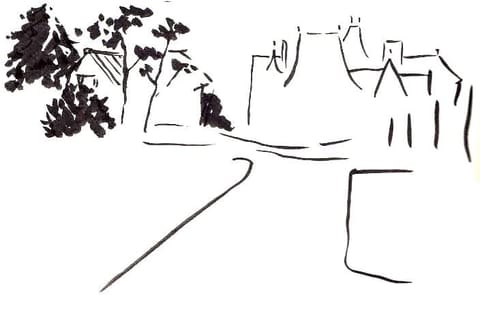 Croquis en noir et blanc : silhouette du château au bout d’une allée