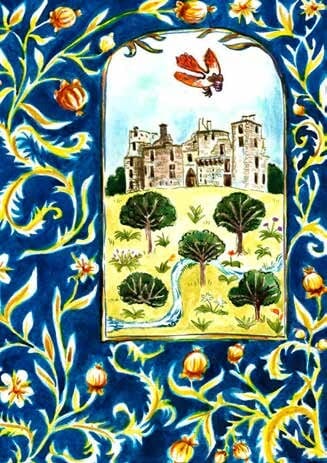 Coloured ink: a white creature under a starry sky and a sun, above houses and a garden