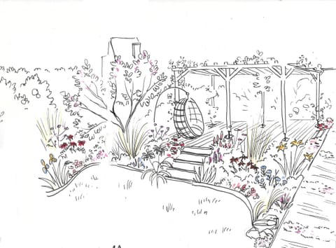 Croquis au trait : vue de la terrasse vers la pelouse et une pergola