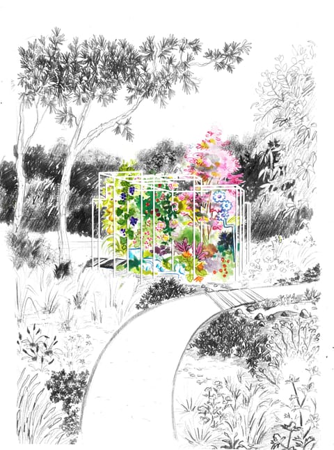 Dessin d’une serre-cage colorée au bout d’une allée, dans un décor esquissé au crayon