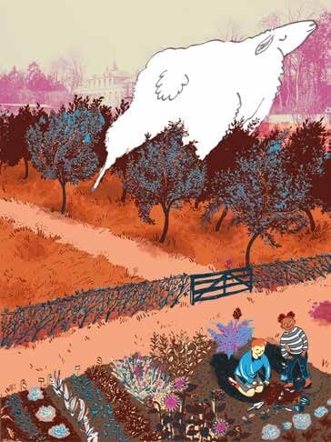 Illustration colorée : un grand oiseau blanc survole un verger, des enfants jardinent au premier plan