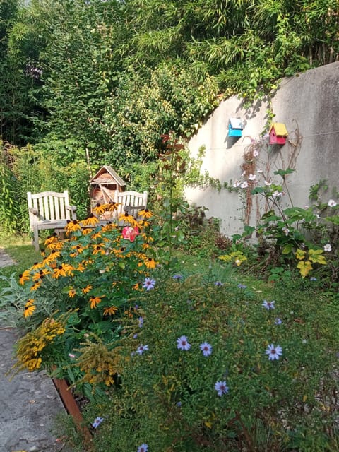 Banc et massifs fleuris au pied d’un mur, fanions colorés