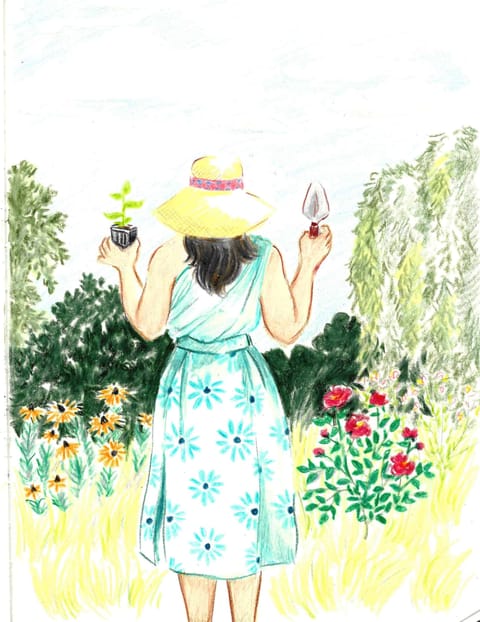 Illustration: a woman in a floral dress and straw hat in a garden